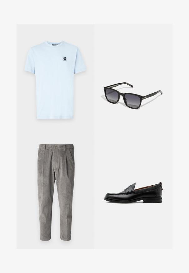 T-shirt en coton bleu clair avec un col rond et des manches courtes. Présente un petit écusson noir sur la poitrine gauche.; Pantalons en velours côtelé gris avec un motif de rayures verticales texturé, dotés d'une fermeture par bouton et de deux poches latérales. Coupe ajustée et longueur raccourcie.; Mocassin homme en cuir noir avec couture moc toe, bride penny, col texturé et petit talon empilé sur fond blanc.; BOSS Lunettes de soleil - black