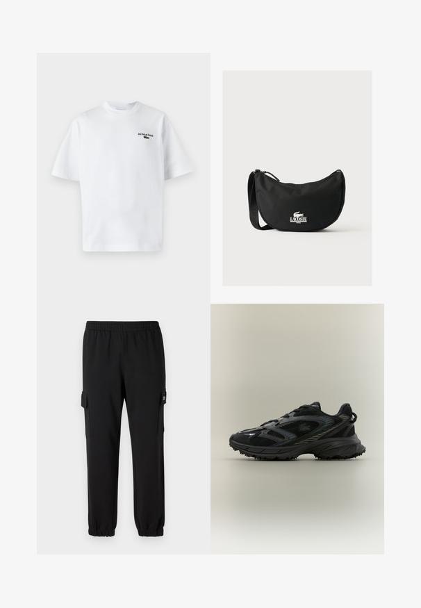 Camiseta de algodón blanca con mangas cortas, que presenta el texto "Jeu Set et Match" y un pequeño logo verde en el lado izquierdo del pecho. Corte clásico.; Pantalones de chándal negros con cintura elástica, puños ajustados y bolsillos laterales tipo cargo. Fabricados con material suave y textura lisa.; Zapatilla deportiva negra con paneles de malla, suela texturizada, cordones y una silueta curvada con acentos plateados en los laterales.; Bolso de hombro Lacoste negro con forma curva, correa ajustable y logo de cocodrilo blanco en relieve sobre el nombre de la marca en la parte delantera.