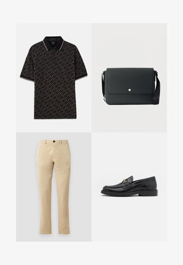 Sort polo skjorte med et geometrisk guld mønster, korte ærmer og en klassisk krave med diskrete stribede detaljer.; Beige bomulds chinos med lige ben, der har en front knaplukning og diskrete syninger. Glat tekstur og uden mønstre.; Sorte læder loafers med en rund tå, der har guld hardware accent og syningsdetaljer, placeret på en lav, tekstureret gummisål.; Sort tekstureret skuldertaske med flaplukning, sølvknap og justerbar rem med diskret brandlogo.