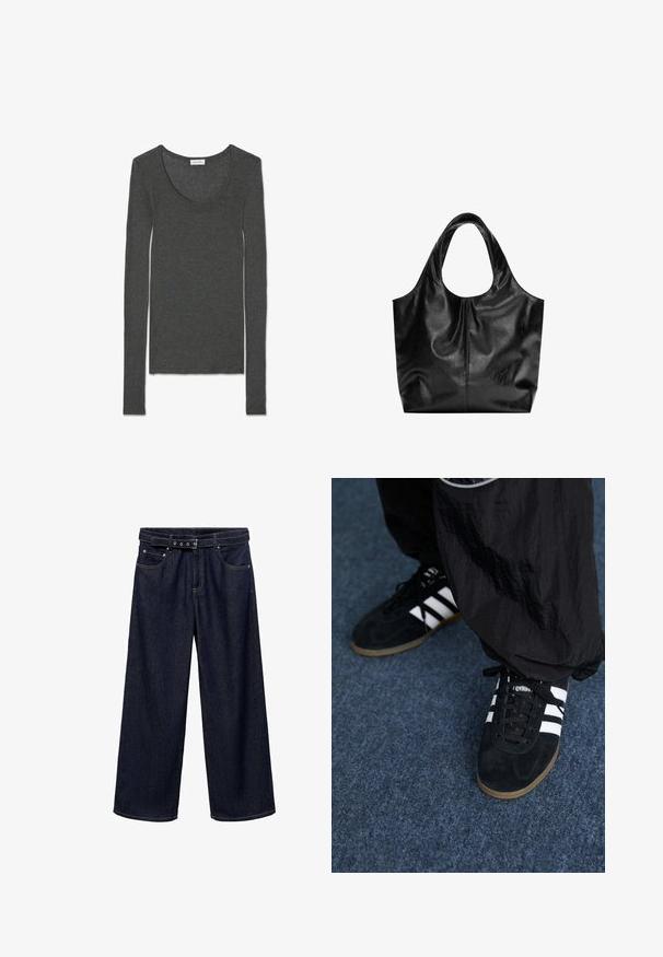 Langærmet T-shirt i antrasitgrå lavet af blødt, let materiale med en rund halsudskæring og en slim fit. Ingen synlige mønstre eller accenter.; Mørkeblå brede jeans lavet af denim. Har et bælte i taljen med flere knapper, forlommer og en ren afslutning ved sømmene.; Sorte suedetrainingssko med tre hvide striber og sorte snørebånd. Et tekstureret sort bukser er delvist synligt ved siden af skoene.; Sort læder tote taske med en glat overflade, en blød, afrundet top og brede håndtag. Har minimal syning og en afslappet silhuet.