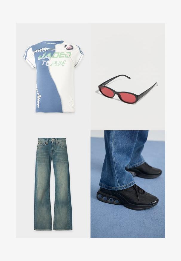 Kurzärmeliges Hemd mit blauen und weißen Paneelen, grünem Text "JADED TEAM," und dekorativen weißen Schnürdetails vorne und an den Ärmeln.; Blaue Jeans aus Denim mit ausgewaschener Optik, hoher Taille, weiten Beinen, Frontknopf und Reißverschluss sowie fünf Taschen, vor einem schlichten Hintergrund gezeigt.; Schwarze sportschuhe mit atmungsaktivem Mesh-Obermaterial, strukturierten Akzenten und sichtbaren Luftpolstern in der Sohle. Getragen mit blauen Jeans.; Schwarze ovale Sonnenbrille mit schlanken Bügeln und rot getönten Gläsern, die auf einer weißen Oberfläche liegt.