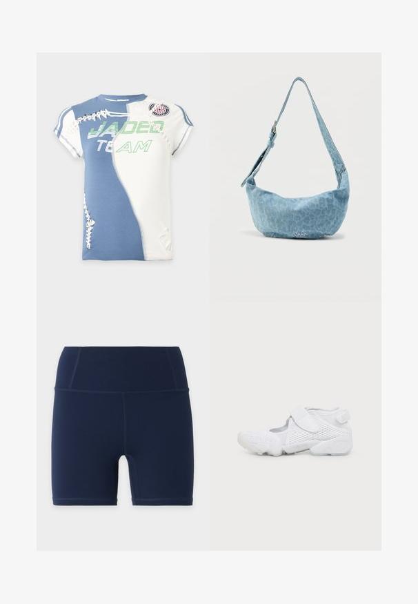 Chemise à manches courtes avec panneaux bleus et blancs, texte vert "JADED TEAM," et détails décoratifs blancs à lacets sur le devant et les manches.; Shorts ajustés taille haute bleu marine avec coutures plates et longueur mi-cuisse, présentés sur un fond uni clair.; Chaussure de sport blanche avec tige en mesh, bride Velcro réglable sur le cou-de-pied, semelle flexible et bride de talon à logo.; Sac bandoulière en denim bleu clair à forme incurvée, avec une bandoulière réglable et un motif léopard subtil. Présente un détail de logo à l'avant.