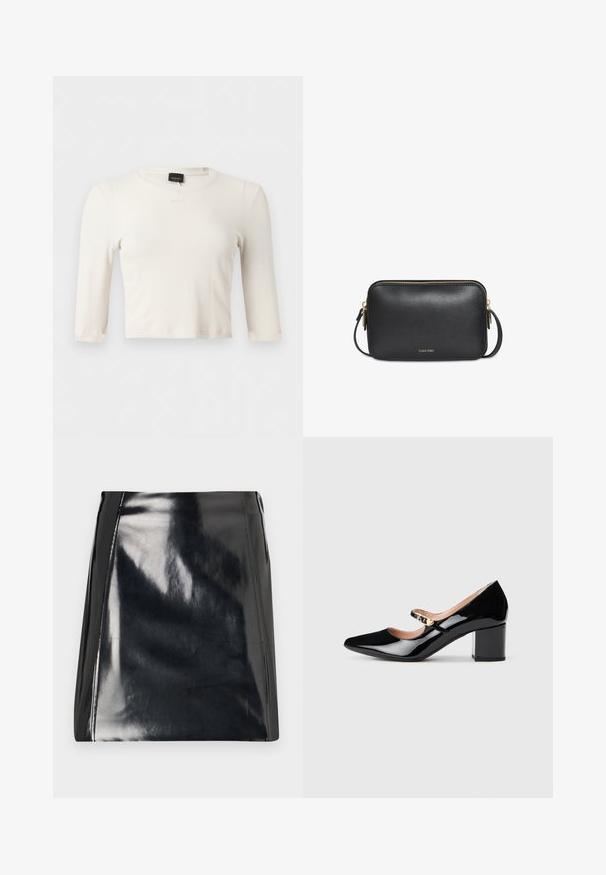 Hvid ribstrikket langærmet crop top til kvinder med rund halsudskæring og lille broderet brandlogo på brystet.; Sort læder mini skirt med en højglans finish. Har synlige syningsdetaljer og en tætsiddende silhuet. Glat tekstur hele vejen igennem.; Sorte patentlæder Mary Jane hæle med spids tå, en mellemstor blokhæle og en dekorativ guldspænde på remmen.; Sort rektangulær læder crossbody taske med guld lynlås og lille Calvin Klein-logo centreret på fronten.