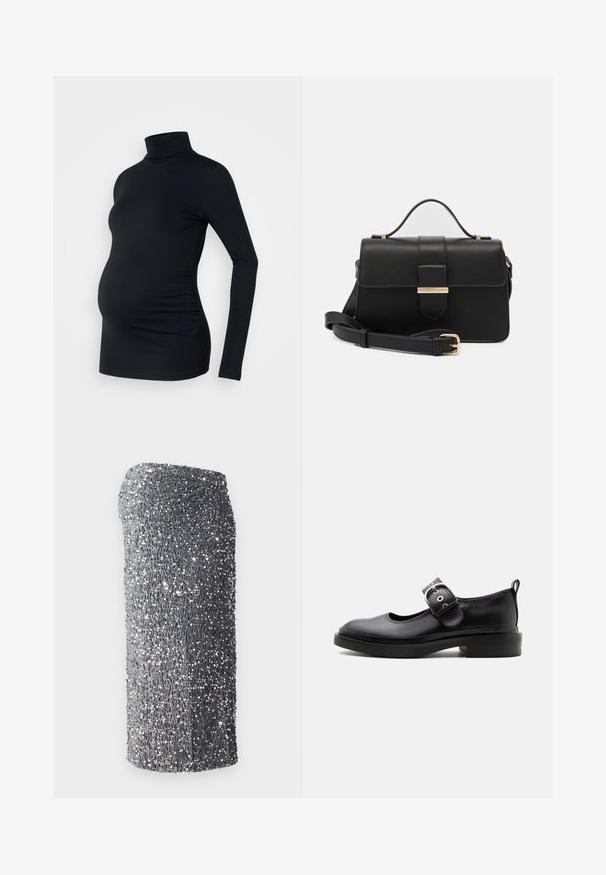 Sort langærmet turtleneck top i strækbart stof, designet til at rumme en gravid mave, med detaljeret side ruching.; Sølvfarvet palietkjole med figurformet snit, glat tekstur og en gradientmønster fra mørkegrå til lysegrå, kort i kanten.; Sort læder Mary Jane-sko med tyk sål, rundet tå, sølvspænde og trækflig bagpå.; Sort læderhåndtaske med gyldne metalaccenter, rektangulær form, flaplukning, justerbar skulderrem, glat tekstur, minimalistisk design.