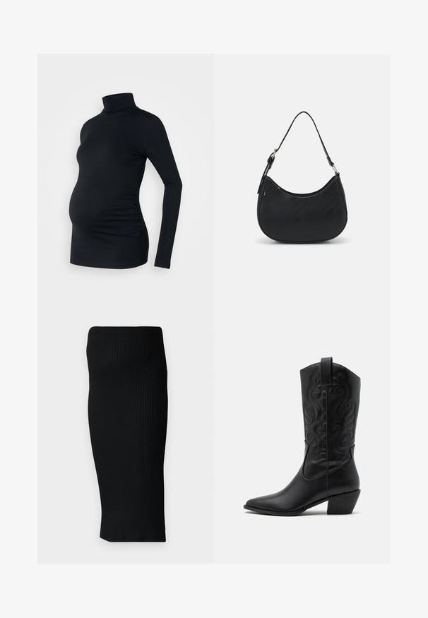 Top negro de manga larga con cuello de tortuga, fabricado con un material elástico, diseñado para adaptarse a una barriga de embarazada, con detalle de fruncido lateral.; Falda midi de punto negro acanalado con una silueta ajustada y un cinturón ancho. Textura suave, sin patrones ni acentos visibles.; Botas de vaquero de cuero negro con punta afilada, patrones en relieve en espiral y un tacón de altura media. Presentan una lengüeta para facilitar el uso.; Bolso hobo negro hecho de cuero suave con una silueta curva, que cuenta con una sola correa ajustable y detalles de diseño minimalistas.