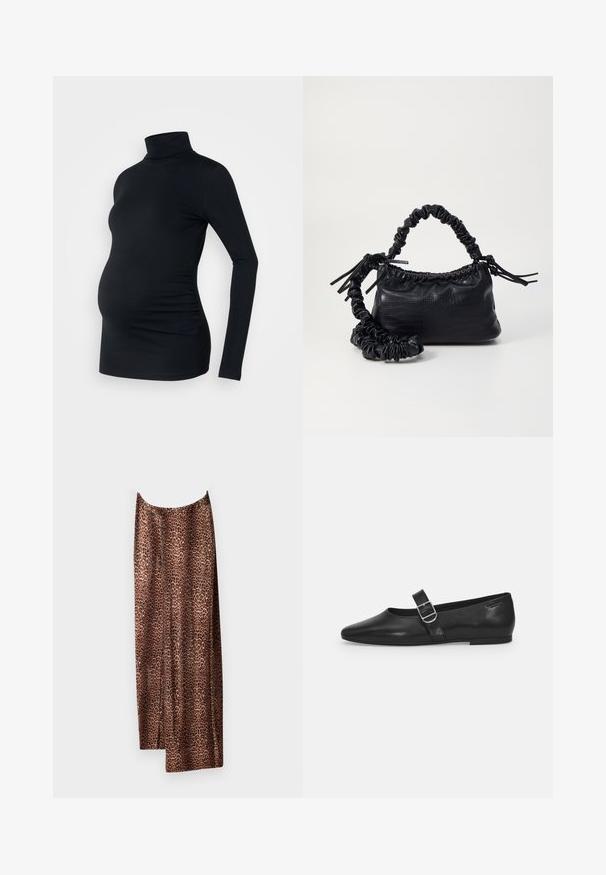 Zwarte lange mouwen turtleneck top van rekbaar materiaal, ontworpen om een zwangere buik te accommoderen, met ruching details aan de zijkanten.; Lange rok met luipaardprint in bruine tinten, gemaakt van gladde stof met een vloeiend ontwerp. Voorzien van zijsplitten voor extra bewegingsvrijheid.; Zwarte leren platte schoen met een ronde neus, een enkele verstelbare gespsluiting en een gladde, glanzende textuur. Minimalistisch ontwerp met een lage hak.; Zwarte nepleer handtas met een krokodillenstructuur, opgedroogde bovenkant en een gekreukte hengsel. Het lijkt zacht en compact van ontwerp.