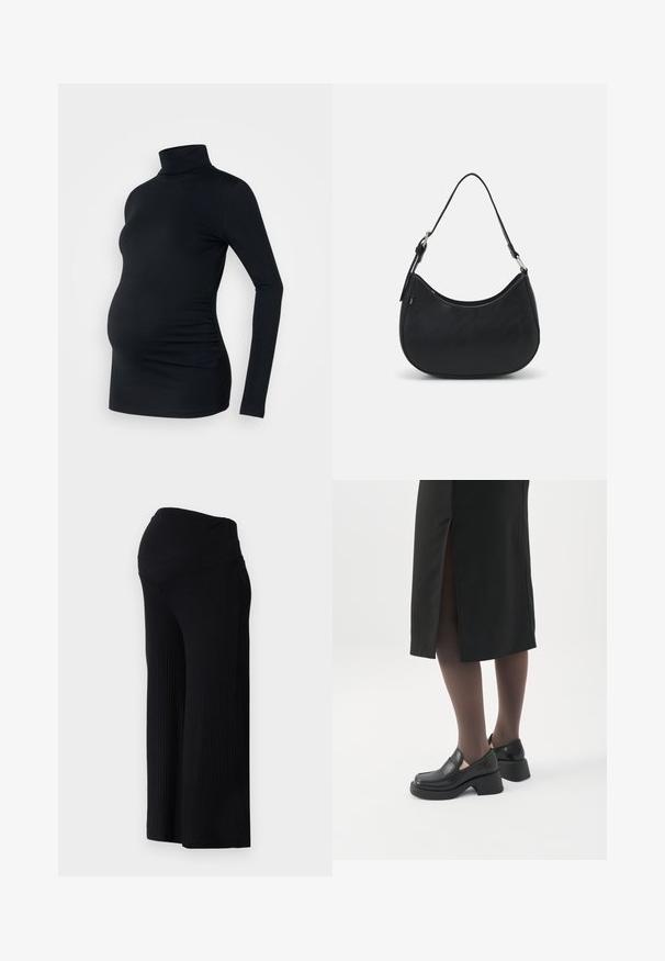 Sort langærmet turtleneck top i strækbart stof, designet til at rumme en gravid mave, med detaljeret side ruching.; Sorte ribbede bredbenede bukser med høj talje. Stoffet er glat og strækbart, hvilket skaber en afslappet pasform hele vejen ned ad benene.; Kvinde iført sorte loafers med chunky hæl, sorte tynde strømpebukser og en sort nederdel med slids bagpå på hvid baggrund.; Sort hobo taske lavet af glat læder med en buet silhuet, der har en enkelt justerbar skulderrem og minimalistiske designdetaljer.