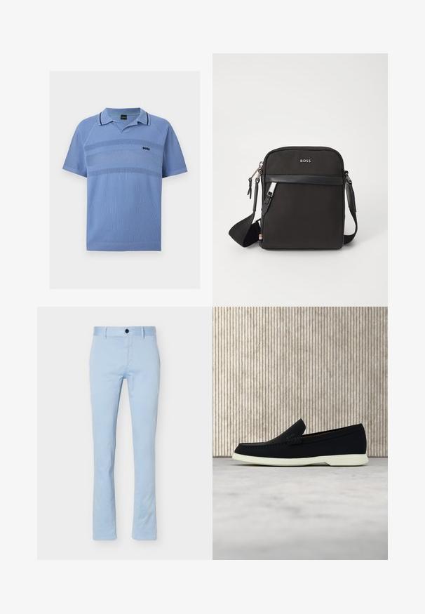 Lyseblå kortærmet strikket polo med teksturerede horisontale striber, ribkant i krave og kant, samt lille sort "BOSS" logo på brystet.; Lyseblå slim-fit bukser med forreste knap og bæltestropper, vist mod en ensartet hvid baggrund.; Sort slip-on sko med afrundet tå, der har en tekstureret overdel, glat hvid sål og en subtil branddetalje på siden.; Sort crossbody taske med et struktureret stof, logo på fronten, lynlås lukning og justerbar rem. Har en glat læderkant.