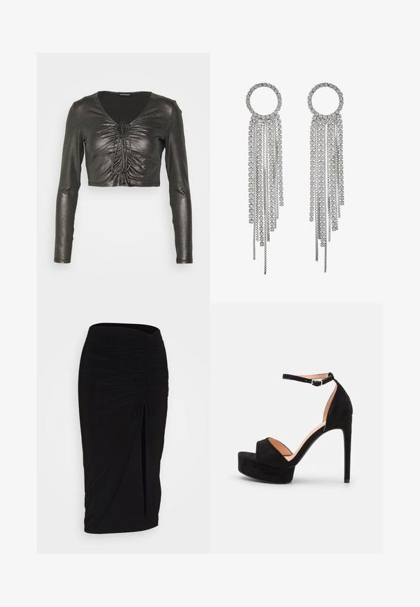 Even&Odd Petite by Zalando Camiseta de manga larga - black/silver; falda lápiz negra con fruncido, detalle de lazo y abertura lateral. Hecha de un tejido elástico, con una textura suave y un diseño ajustado.; Sandalia de tacón alto de ante negro con suela de plataforma, tira en el tobillo con herrajes plateados, diseño de punta abierta y textura suave.; Pendientes en tono plateado que presentan una parte superior circular con cadenas en cascada y rhinestones de corte cuadrado, mostrando un diseño lineal de múltiples niveles.