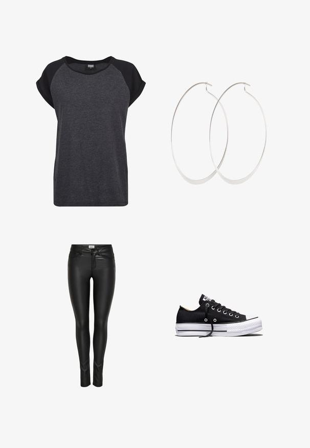 Camiseta de manga corta en negro y gris oscuro con cuello redondo y mangas raglán. Elaborada con una tela suave y texturada. Ajuste casual.; Pantalones de imitación de cuero negros de corte ajustado, con cierre de botón en la parte delantera, cremallera y pasadores para cinturón, exhibidos sobre un fondo blanco.; Zapatilla deportiva negra de lona de corte bajo con suela plataforma de goma blanca, cordones negros y ojales de metal sobre fondo blanco.; Pendientes de aro plateados con un diseño delgado y suave; forma ovalada alargada; acabado pulido; presentan un cierre de gancho seguro.