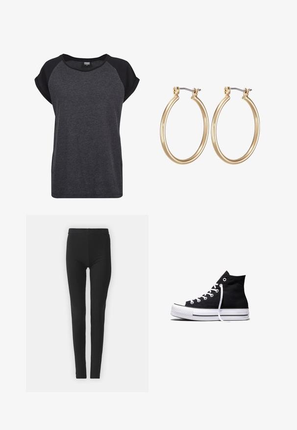 Sort og mørkegrå T-shirt med korte ærmer, rund halsudskæring og raglanærmer. Lavet af blødt, struktureret stof. Casual pasform.; Sorte, strækbare leggings med en tætsiddende pasform, der har høj talje og en glat tekstur. Ingen synlige mønstre eller hardwaredetaljer.; Sort high-top canvas sneaker med hvid gummisål og hvide snørebånd, vist fra siden mod en hvid baggrund.; Guldfarvede metal hoops øreringe med et glat, cirkulært design og en sikret hængsel-lukning. Letvægts med en poleret overflade.