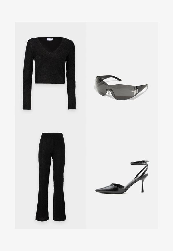 Schwarzes langärmliges Crop-Top mit V-Ausschnitt, strukturiertem Stoff mit Muster und taillierter Passform. Weiches Material mit dezentem Glanz.; Schwarze ausgestellte Hosen aus strukturiertem Stoff mit einem dezenten Muster. Elastischer Bund, leicht und in voller Länge.; Schwarzer spitzer High Heel mit dünnen Knöchelriemen und silberner Schnalle auf einfachem hellem Hintergrund.; Schwarze Sonnenbrille mit wrap-around Design, dunkel getönten Gläsern, glänzenden, sternförmigen Akzenten und verstellbaren Nasenpads.