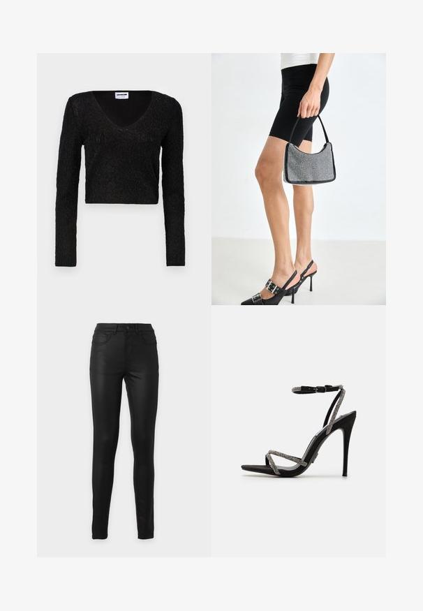 Čierny crop top s dlhým rukávom a výstrihom do V, textúrovaná látka so vzorom a priliehavý strih. Mäkký materiál s jemným leskom.; Čierne priliehavé džínsy s vysokým pásom, prednými a zadnými vreckami, pútkami na opasok a zapínaním na gombík na jednoduchom pozadí.; Čierne sandále na vysokom opätku s tenkými, zdobenými remienkami a prackou okolo členka. Materiál z semišu, otvorená špička a elegantný, špicatý silueta.; Čierna korálková kabelka s zakriveným siluetom, nosnou rukoväťou a lesklou textúrou. Nosená s vysokými čiernymi topánkami na opätku a priliehavými čiernymi šortkami.