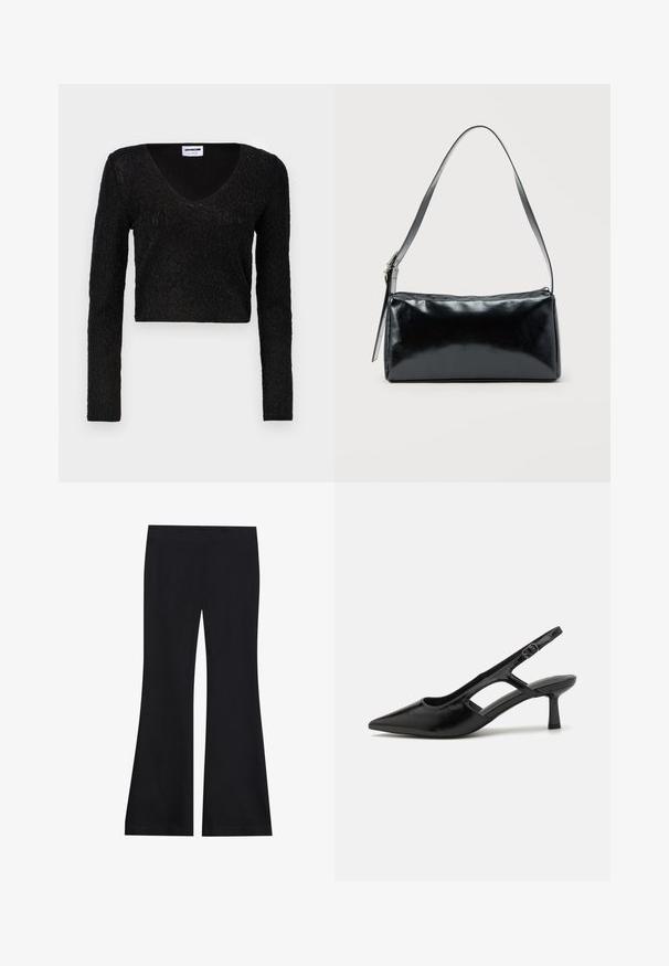 Top corto de manga larga negro con escote en V, fabricado en un tejido texturizado con un patrón y un diseño ajustado. Material suave con un brillo sutil.; Pantalones acampanados negros hechos de una tela suave y elástica; cuentan con una cinturilla lisa y un diseño de pierna ancha; acabado sin costuras en todo.; Tacones de slingback negros con punta afilada, hechos de material brillante, que presentan acentos recortados y un tacón moderado para mayor soporte.; Bolso de hombro rectangular negro con una correa ajustable y un cierre de cremallera superior sobre un fondo liso.