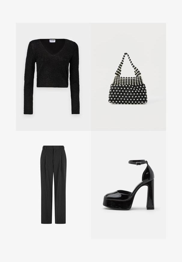 Sort langærmet crop top med V-hals, tekstureret stof med et mønster og en tætsiddende pasform. Blødt materiale med en subtil glans.; Sorte pinstripe bukser med høj talje, plisseret front og lige ben design. Stoffet ser struktureret ud og er skræddersyet til et formelt look.; Sorte patentlæder platform hæle med ankelrem, rund tå og blokhæl, der viser en glat, skinnende overflade.; Sort-hvid perlebesat håndtaske med kort håndtag, der har skiftevis perleagtige og sorte facetterede perler i et ternet mønster.
