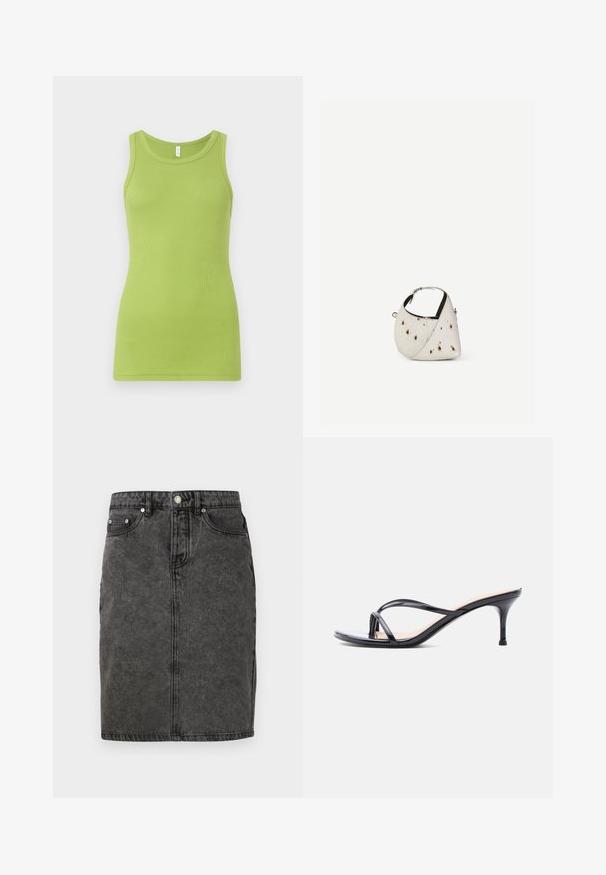 Groen tanktop van rib katoen, met een ronde halslijn en mouwloos ontwerp. Soepele textuur met een getailleerde pasvorm.; Zwarte spijkerrok met een rechte snit, voor sluiting met knopen, riemlussen en een subtiele vervaging met twee zijzakken.; Zwarte laklederen sandaal met hakken, dunne gekruiste bandjes en een slanke, middelhoog stilettohak op een witte achtergrond.; Kleine witte handtas met bruine vlekken, afgeronde driehoekige vorm, zwarte binnenvoering en korte verstelbare band met zilveren gesp.