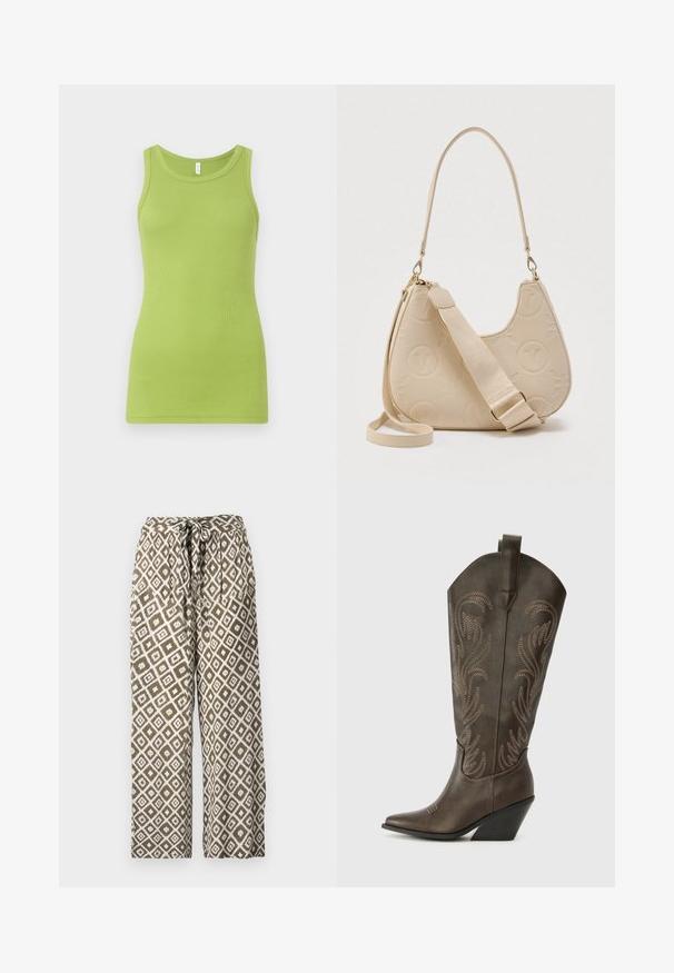 Débardeur vert en coton côtelé, avec un col rond et sans manches. Texture lisse avec une coupe ajustée.; Pantalons larges imprimés en vert olive et blanc. Dotés d'un motif en losanges et d'une taille avec cordon de serrage. Fabriqués en tissu léger.; Botte de cowboy en cuir marron avec un embout pointu, un talon compensé et des broderies décoratives. Dispose d'un long tige et d'une languette de tirage.; Sac à main beige en forme de croissant avec logos floraux et circulaires en relief, doté de deux bandoulières amovibles, l'une fine et l'autre large avec une boucle réglable.