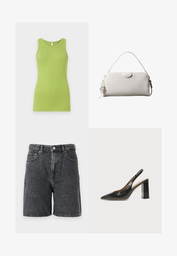 Débardeur vert en coton côtelé, avec un col rond et sans manches. Texture lisse avec une coupe ajustée.; Shorts en denim noir délavé avec passants de ceinture, bouton avant, fermeture éclair, et design classique à cinq poches.; Chaussure slingback en cuir noir à bout pointu avec un talon bloc haut et une doublure intérieure beige sur un fond clair uni.; Sac à main rectangulaire blanc Calvin Klein avec une seule poignée, design minimaliste et pampilles décoratives avec un charm métallique géométrique sur le côté.