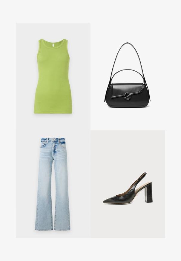 Grünes Tanktop aus geripptem Baumwollstoff, mit rundem Ausschnitt und ärmellosem Design. Glatte Textur mit figurbetonter Passform.; Helle blaue weit geschnittene Jeans aus Denim, mit mittelhohem Bund, fünf Taschen und Kontrastnähten sowie einem verwaschenen Finish.; Schwarzer Leder-Slingback-Schuh mit spitzer Kappe, hohem Blockabsatz und beigegefüttertem Innenraum vor hellem, einfarbigem Hintergrund.; Schwarze Lederschultertasche mit einer geschwungenen Klappe, die durch einen runden Metallverschluss gesichert ist, und einem schlanken, verstellbaren Riemen.