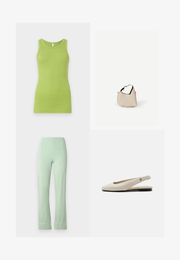 Roheline tank top ribbed puuvillast, millel on ümmargune kaelus ja ilma varrukateta disain. Sile tekstuur ja sobiv kuju.; Heledad rohelised puuvillased püksid, millel on elastne vöökoht, lühike pikkus ja veidi laienev istuvus. Lõpptootel on puhas õmblus.; Kreemikas nahast slingback-tasapinnaline king, millel on ümar ninaosa ja väike kuldne embleem rihmal.; Beežist nahast poolkuukujuline õlakott, millel on üks õlarihm ja minimaalne õmblemine, valgel taustal.