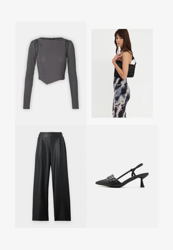 Grijze lange mouw cropped top met ribbeltextuur, voorzien van een ronde halslijn en uitsparingen op de schouders voor een gelaagd ontwerp effect.; Zwarte wijde nepleren broek met hoge taille, knoopdetails op de tailleband en plooien aan de voorkant.; Simmi London DALA - Klassieke pumps - black; Zwarte gewatteerde schoudertas met een enkele strap en zilveren hardware, gecombineerd met een fitted, tie-dye patroon jurk in tinten zwart en crème.