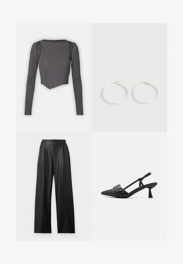 Grå langærmet cropped top med ribbet tekstur, der har en rund halsudskæring og udskæringer på skuldrene, hvilket giver en lagdelt designeffekt.; Sorte bredbenede bukser i kunstlæder med høj talje, knapdetaljer på linningen og frontplisseringer.; Simmi London DALA - Pumps - black; Par skinnende sølvøreringe med tynde trådlåse, vist på en lys grå baggrund.