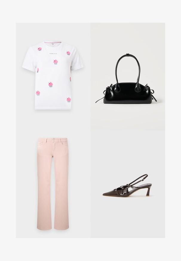 Camiseta blanca de manga corta con patrones de cupcakes rosas y texto "CHERRY ON TOP" impreso en pequeñas letras negras debajo del cuello.; Vaqueros de pierna recta de color rosa claro con bolsillos delanteros, trabillas para cinturón y cierre de botón metálico.; Tacón slingback de charol marrón con punta afilada, correas ajustables y hebillas decorativas en la parte frontal. Altura del tacón de 3 pulgadas.; Pequeño bolso negro brillante con dos asas largas y detalles de cordón lateral sobre un fondo claro liso.