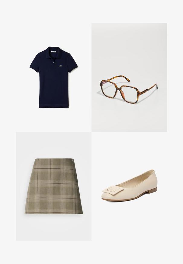 Navyblauwe poloshirt van katoen, met een klassieke kraag, drie knopen en een klein geborduurd logo op de borst.; Geruite mini-rok in olijfgroen en beige, met een rechte snit, een subtiele textuur en een klein logo-accent bij de tailleband.; Beige leren platte schoen met een vierkante decoratieve gesp op de afgeronde neus en een lage bruine hak.; Schildpadbril met een vierkant montuur, voorzien van heldere lenzen en een gestructureerd patroon. De pootjes hebben een dunne, gestroomlijnde vorm.