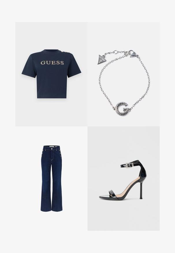 Marineblå kortærmet cropped top med gyldent "GUESS" logo på fronten og tre gyldne knapper på venstre skulder.; Mørkeblå bredbenede jeans med høj talje, der har knapdetaljer på siderne og en glat denimtekstur.; Sort højhælet sandal i laklæder med ankelrem. Har minimalistisk design, åben tå og spænde med rhinsten-detaljer.; Sølv kædearmbånd med et stort, glitrende "G"-logo prydet med klare rhinsten og en trekantet "GUESS" charm.