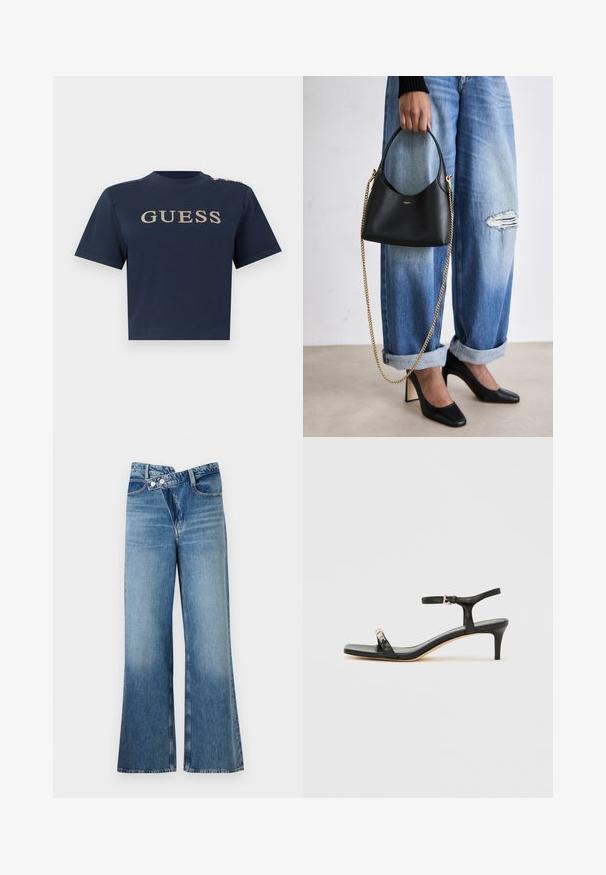 Tmavomodrý krátky top s krátkym rukávom s pozláteným logom "GUESS" na prednej strane a tromi zlatými gombíkmi na ľavom ramene.; Svetlomodré denimové nohavice s rozšírenými nohavicami a vysokým pásom, so dvoma gombíkmi a prednými vreckami. Materiál má vyblednutú textúru s jemnými variáciami.; Čierna kožená sandála na podpätku s remienkom okolo členka, otvorenou špičkou, štvorcovým predkom a striebornými kovovými prvkami. Strihaný dizajn s elegantným profilom.; Čierna kožená kabelka so zaobleným tvarom, krátkym uchom a zlatým reťazovým popruhom. Nosená s opotrebovanými modrými džínsami a čiernymi vysokými podpätkami.