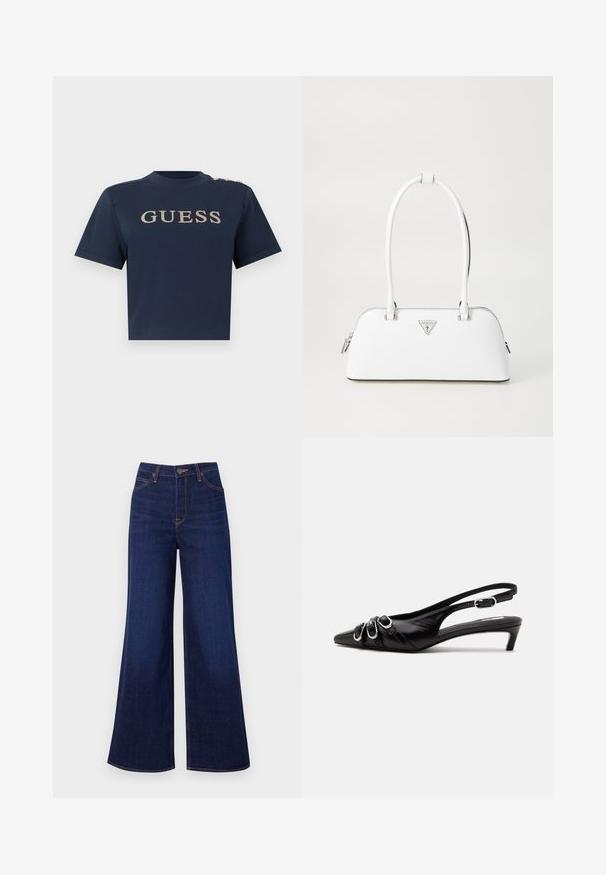 Top corto de manga corta azul marino con logo dorado "GUESS" en el frente y tres botones dorados en el hombro izquierdo.; Jeans de pierna ancha de un azul oscuro, hechos de denim, con una cintura alta, diseño de cinco bolsillos y costuras naranjas contrastantes a lo largo de las costuras.; Zapato slingback de cuero negro con punta puntiaguda, tres hebillas plateadas en la parte delantera y tacón bajo tipo «kitten» sobre fondo blanco.; Bolso de cuero blanco con forma curva, que presenta un logo triangular plateado y cierre de cremallera. Textura lisa y dos asas.