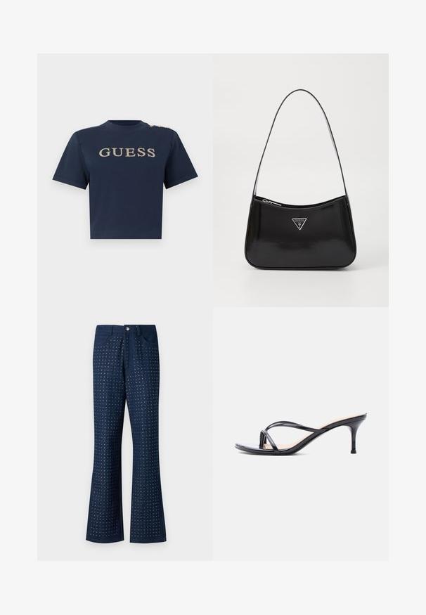 Marineblå kortærmet cropped top med gyldent "GUESS" logo på fronten og tre gyldne knapper på venstre skulder.; Mørkeblå jeans med bredde i buksebenene, der har et prikket mønster over hele, fem lommer og knaplukning i metal. Fremstillet af denimstof.; Sort laklædersandal med hæl, tynde krydsede remme og en slank mellemhøj stilethæl på en hvid baggrund.; Sort patenteret læder skuldertaske med en buet form, prydet med et sølvfarvet trekantet logo og en lynlås-lukning. Glat tekstur og slank rem.