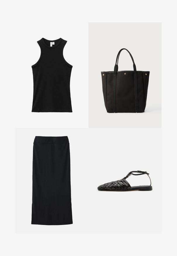 Camiseta negra sin mangas con textura acanalada, cuello redondo alto y sisas ligeramente estilo espalda de corredor.; Falda midi negra de tejido suave, con una cintura ajustada, silueta recta y aberturas laterales para facilitar el movimiento.; Sandalia plana negra de cuero con puntera cerrada tejida, correa en el tobillo y hebilla, presentada sobre fondo blanco.; Bolso tote negro con asas dobles para el hombro, cierres con botones dorados en los bordes superiores y diseño minimalista sobre fondo neutro.