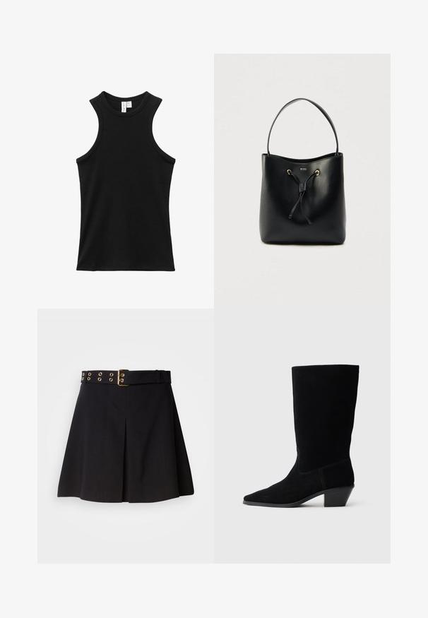 Zwarte mouwloze geribbelde tanktop met hoge ronde halslijn en lichtelijk racerback-stijl armsgaten.; Zwarte geplisseerde rok met een brede riem met gouden metalen hardware en oogjes, gemaakt van soepel materiaal, ontworpen voor een getailleerde pasvorm.; Zwarte suede enkellaars met een spitse neus, een schacht van gemiddelde hoogte en een chunky hak. Heeft minimaal stikwerk en een gladde textuur.; Zwarte leren bucketbag met een gladde textuur, trekkoordsluiting en een enkele schouderriem. Voorzien van goudkleurige hardware en een logo.