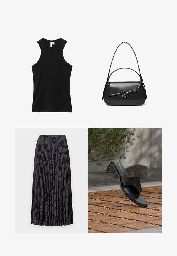 Camiseta negra sin mangas con textura acanalada, cuello redondo alto y sisas ligeramente estilo espalda de corredor.; Falda negra plisada con un patrón floral, hecha de tela ligera; presenta rayas verticales y una cinturilla elástica.; Sandalia de tacón negra de Calvin Klein con lazo en el dedo sobre un suelo de baldosas de madera al aire libre, cerca de un árbol y un muro de piedra.; Bolso de hombro de cuero negro con una solapa curva asegurada por un broche metálico redondo y una correa delgada y ajustable.