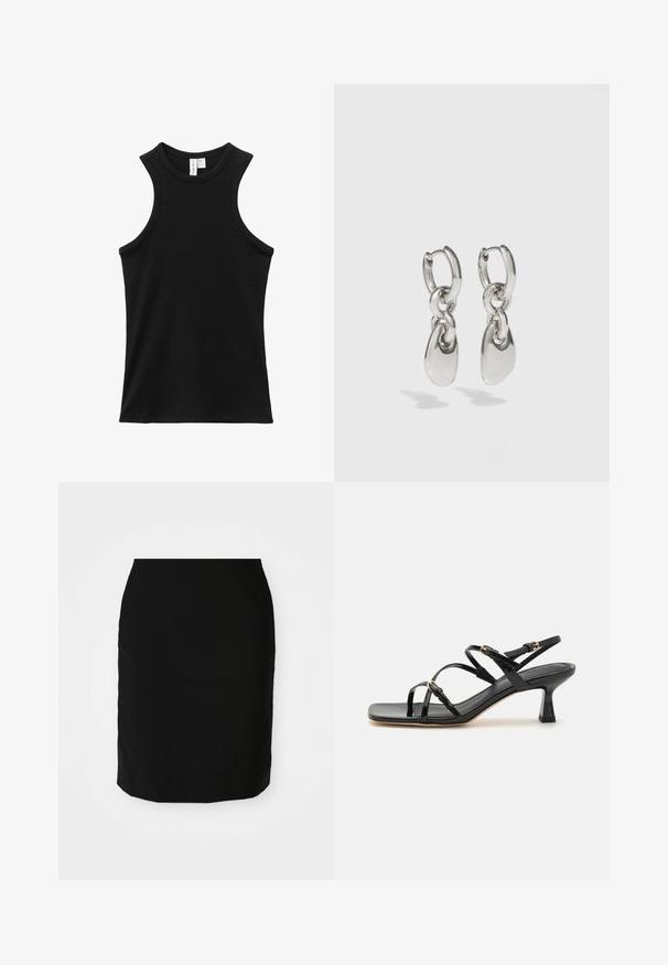 Débardeur noir côtelé sans manches avec un col rond haut et des emmanchures légèrement style dos nageur.; Jupe crayon noire avec une texture lisse, de forme droite, et un ourlet à hauteur des genoux. Aucun motif ni détail matériel visible.; Sandales à strapes en cuir verni noir avec un bout carré et un petit talon carré. Présente des accessoires en métal doré et des brides de cheville réglables.; Boucles d'oreilles en argent avec des maillons ovales allongés, présentant une finition polie et un pendentif tombant texturé. Design simple avec des bords lisses.