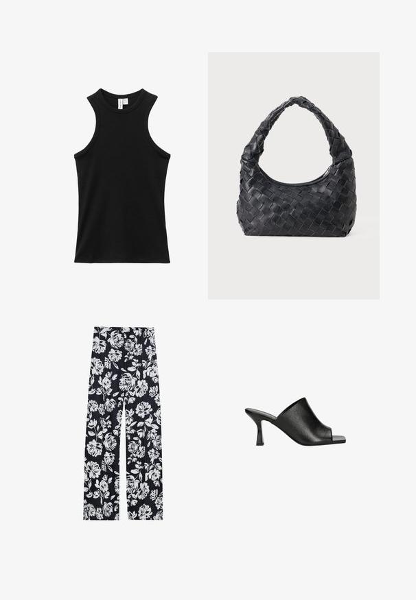 Débardeur noir côtelé sans manches avec un col rond haut et des emmanchures légèrement style dos nageur.; Pantalons floraux en tissu marine avec un motif de fleurs blanches, dotés de jambes larges et d'une coupe décontractée. Texture lisse, sans matériel visible.; Mules ouverts en cuir noir au design épuré, avec une texture subtile et un talon bloc effilé pour plus de stabilité.; Sac en cuir noir tissé avec une poignée arrondie et un corps en forme de croissant sur un fond uni.