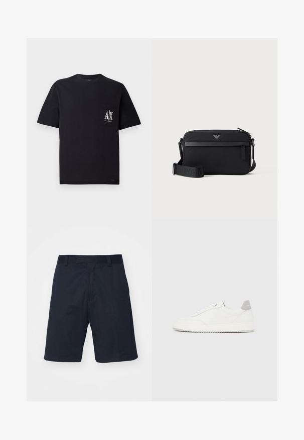 Camiseta de algodón negra con cuello redondo y mangas cortas. Presenta un bolsillo en el pecho con el logo blanco "A/X". Textura suave, ajuste relajado.; Pantalones cortos negros hechos de una tela suave, con un diseño de frente plano, presillas para cinturón y largo hasta la rodilla, sin patrones ni elementos metálicos visibles.; Zapatilla blanca de corte bajo con pestaña en el talón gris, cordones blancos y suela texturizada, presentada sobre un fondo claro y liso.; Bolso bandolera rectangular negro con bolsillo frontal con cremallera, correa ajustable y pequeño logo metálico en el centro superior.