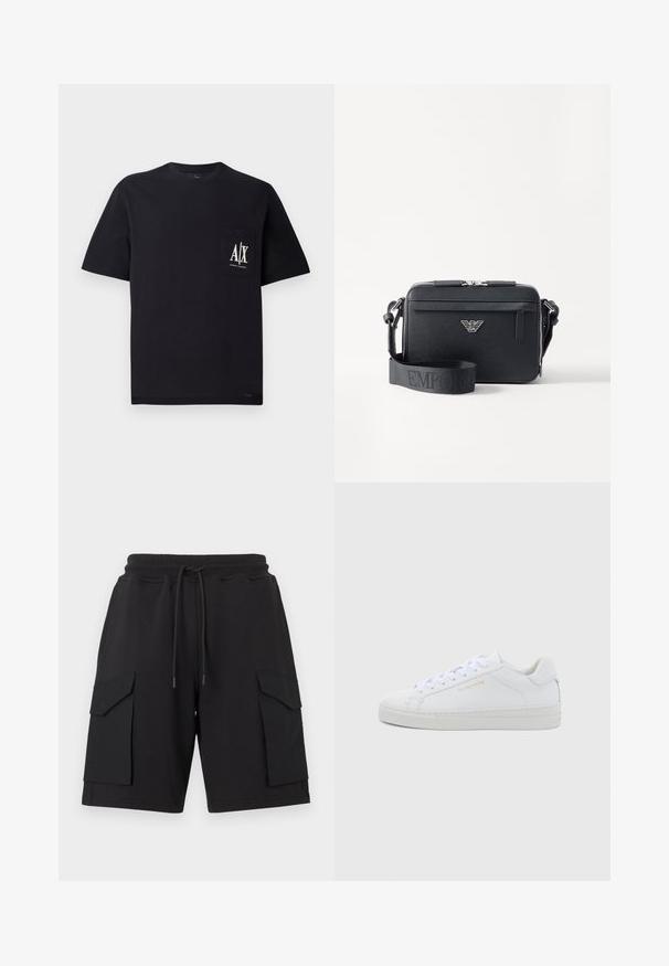 T-shirt en coton noir avec col rond et manches courtes. Présente une poche poitrine avec le logo blanc "A/X". Texture lisse, coupe décontractée.; Shorts cargo noirs en tissu doux avec une taille élastique et un cordon de serrage. Comprennent deux grandes poches latérales et des ourlets cousus.; Baskets basses en cuir blanc avec bout rond, lacets plats, semelle texturée et logo discret doré sur le côté. Surface lisse et design minimaliste.; Sac bandoulière noir en matériau texturé. Comprend une fermeture zippée, une poche zippée à l'avant et un accent en métal avec logo. Inclut une bandoulière réglable.
