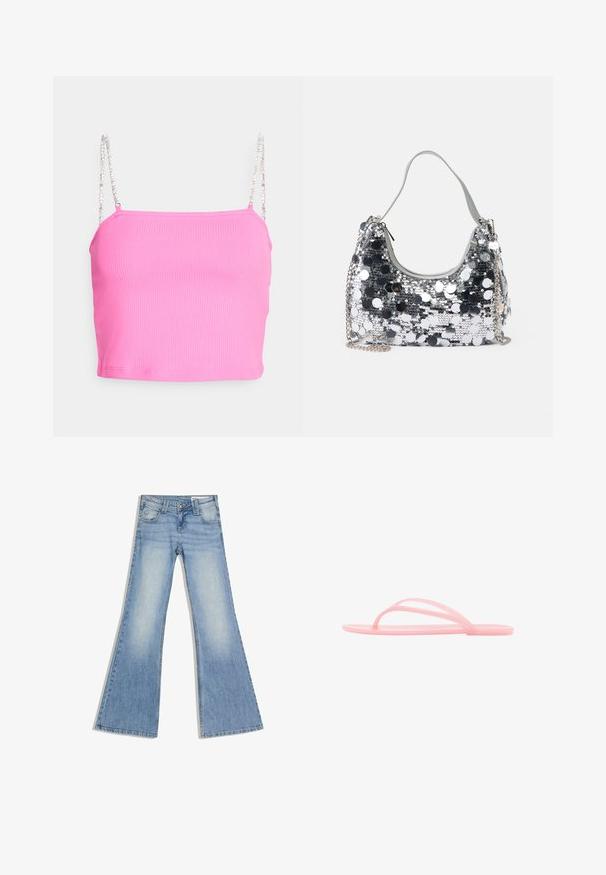 ONLY Petite ONLUNINA PEARL - Débardeur - sugar plum; Jean en denim bleu clair à taille haute, poches avant et jambes larges évasées, posé à plat sur un fond blanc.; Tongs minimalistes en caoutchouc rose avec fines lanières et semelle plate, présentées en profil latéral sur fond blanc.; Sac à main en sequins argentés de forme ronde, avec une poignée douce et une bandoulière en chaîne argentée. Il dispose d'une fermeture à glissière et de détails réfléchissants.