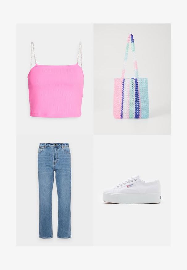 ONLY Petite ONLUNINA PEARL - Top - sugar plum; Light blue denim jeans with a straight-leg cut, five-pocket design, front button closure, and subtle fading on the fabric.; White canvas sneaker featuring a thick white platform sole, round toe, and metal eyelets for laces. Brand logo displayed on the side.; Colorful tote bag made of transparent beads. Features stripes in pink, green, blue, and white. Two sturdy beaded handles.