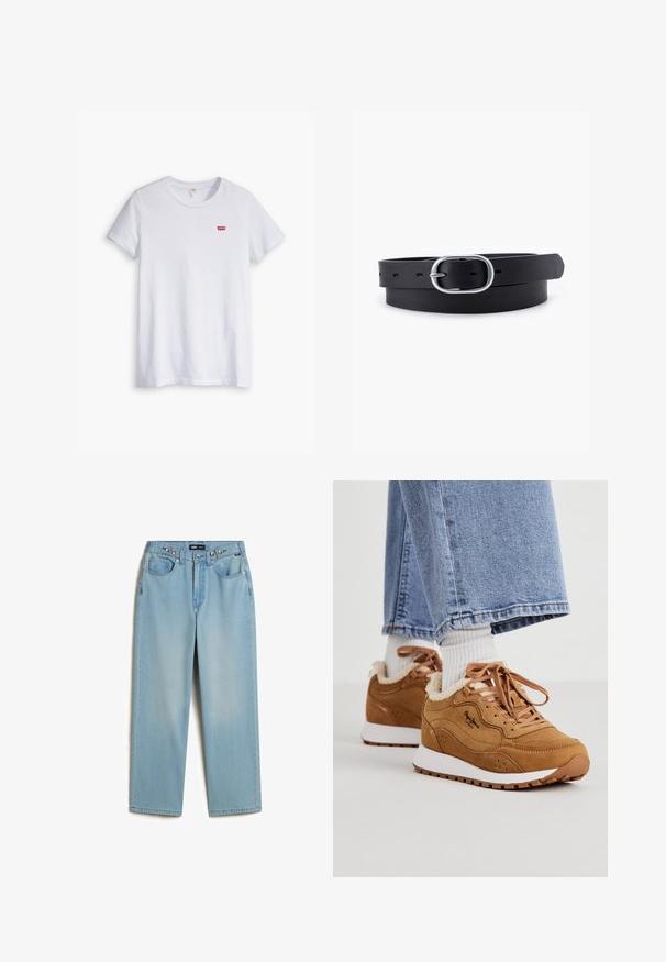 Witte katoenen t-shirt met korte mouwen en een ronde hals. Bevat een klein rood Levi's-logo op de linkerborst.; Vans CINCHED CHECK - Baggy jeans - light stonewash; Bruine suède sneakers met witte zolen, een voering van schapenvacht en bruine veters. Heeft geperforeerde accenten en een zwart logo op de zijkant.; Zwarte leren riem met een gladde textuur, ovaal zilveren metalen gespsluiting en meerdere verstelgaten langs de band. Platte, minimalistische uitstraling.
