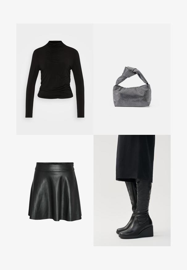 ONLY Petite ONLBEA HIGH NECK RUCHING TOP - Pikkade varrukatega topp - black; Mustast kunstnahast seelik lehviva A-lõikega, millel on sile ja läikiv tekstuur ning vormitud vöökoht.; Mustad nahast põlvekõrgused saapad kaldega kontsaga, millel on sile tekstuur ja külgkleebis. Disainitud voolujoonelise, keha järgi istuva siluetiga.; Must musta ja hõbedane käekott, millel on tekstureeritud pind, millel on teemanti muster, sõlmega käepide ja struktureeritud kuju.