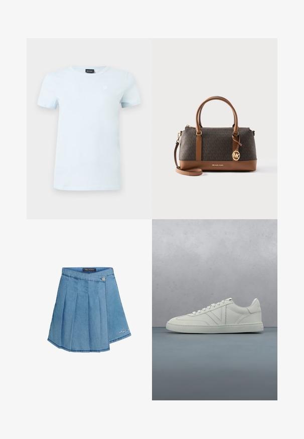 Lichtblauw T-shirt met korte mouwen en ronde hals, met een klein wit logo op de linkerborst en een zwart merkembleem aan de binnenkant van de kraag.; Denim rok in lichtblauw met geplooid ontwerp, metalen knoopsluiting en geborduurd detail aan de zoom. Gladde textuur en A-lijn vorm.; Witte leren sneaker met veters zwevend boven een houten blok en kiezelstenen oppervlakte buiten, met een onscherpe groene plant en steen op de achtergrond.; Bruine en donker dessin Michael Kors handtas met dubbele handvatten, afneembare schouderriem, gouden MK bedel en ritssluiting.