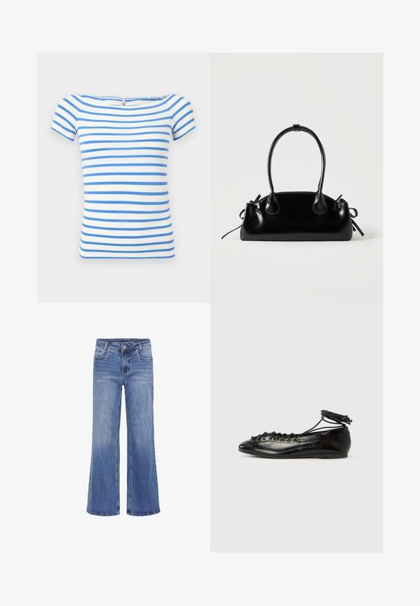Hvid kortærmet top med vandrette blå striber og en bred halsudskæring.; My Essential Wardrobe MWLOUIS HIGH WIDE - Jeans Straight Leg - medium blue wash; Sorte balletflade sko i laklæder med rundet tå, snørelukning og flad sål. Glat tekstur med få detaljer.; Lille sort blank håndtaske med to lange håndtag og snøre-detaljer i siden på en ensfarvet lys baggrund.