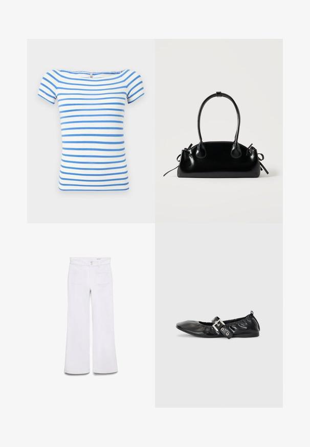 Haut blanc à manches courtes avec des rayures bleues horizontales et un large décolleté.; Pantalon blanc taille haute à jambes larges avec poches plaquées devant, passants de ceinture et fermeture double bouton sur fond blanc uni.; Chaussure plate en cuir noir avec un nez pointu, des détails froncés autour de l'ouverture et un accent en boucle argentée sur la bride ajustable.; Petit sac à main noir brillant avec deux longues anses et des détails à cordon sur les côtés sur un fond clair uni.