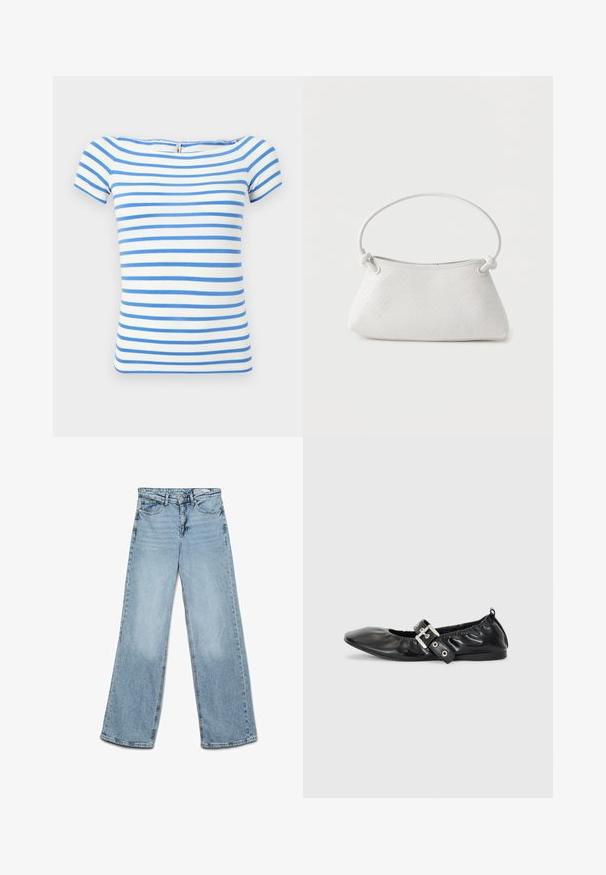 Hvid kortærmet top med vandrette blå striber og en bred halsudskæring.; Lyseblå højtaljede jeans med vide ben, knap- og lynlås-lukning, for- og baglommer samt bæltestropper.; Sorte læder flade sko med spids tå, samling detaljer omkring åbningen, og en sølv spænde accent på den justerbare rem.; Hvid fletlæderhåndtaske med afrundet håndtag og ender på remmen, der er knyttet, vist mod en ensfarvet baggrund.