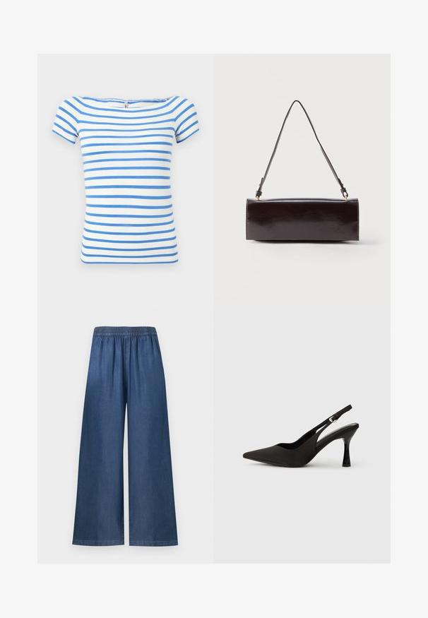 Haut blanc à manches courtes avec des rayures bleues horizontales et un large décolleté.; Pantalon bleu à jambes larges avec taille élastique, en tissu denim, présenté sur un fond clair uni.; Chaussures à talons noires avec une bride, à bout pointu, finition mate lisse et talon fin brillant. Sangle ajustable avec petit détail de boucle.; Sac à main rectangulaire en cuir noir avec une longue bandoulière unique et une finition brillante, présenté sur un fond blanc uni.