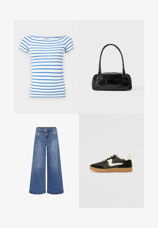 Hvid kortærmet top med vandrette blå striber og en bred halsudskæring.; My Essential Wardrobe MWKARO 144 MID XWIDE - Wide leg - medium blue wash; Sorte ruskinds- og lædersneakers med en cremefarvet side-swoosh og lys cremefarvet hæl. Har beige snørebånd og en gummirubber-sål.; Sort læderhåndtaske med rektangulær form, der har et enkelt struktureret håndtag, sølvhardware og lynlås-lukning. Glat tekstur.