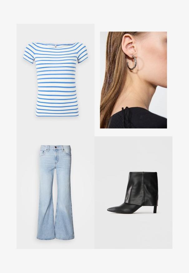 Haut blanc à manches courtes avec des rayures bleues horizontales et un large décolleté.; Jean évasé bleu clair, avec une taille haute, en tissu denim, cinq poches et une fermeture par bouton. Les jambes sont larges et présentent une légère décoloration.; Botte noire en cuir mi-mollet avec bout pointu, tige supérieure repliée et petit talon élancé, se tenant sur fond blanc.; Boucle d'oreille en argent avec une finition polie, présentant de petits détails en or et de forme ronde, portée sur le lobe.